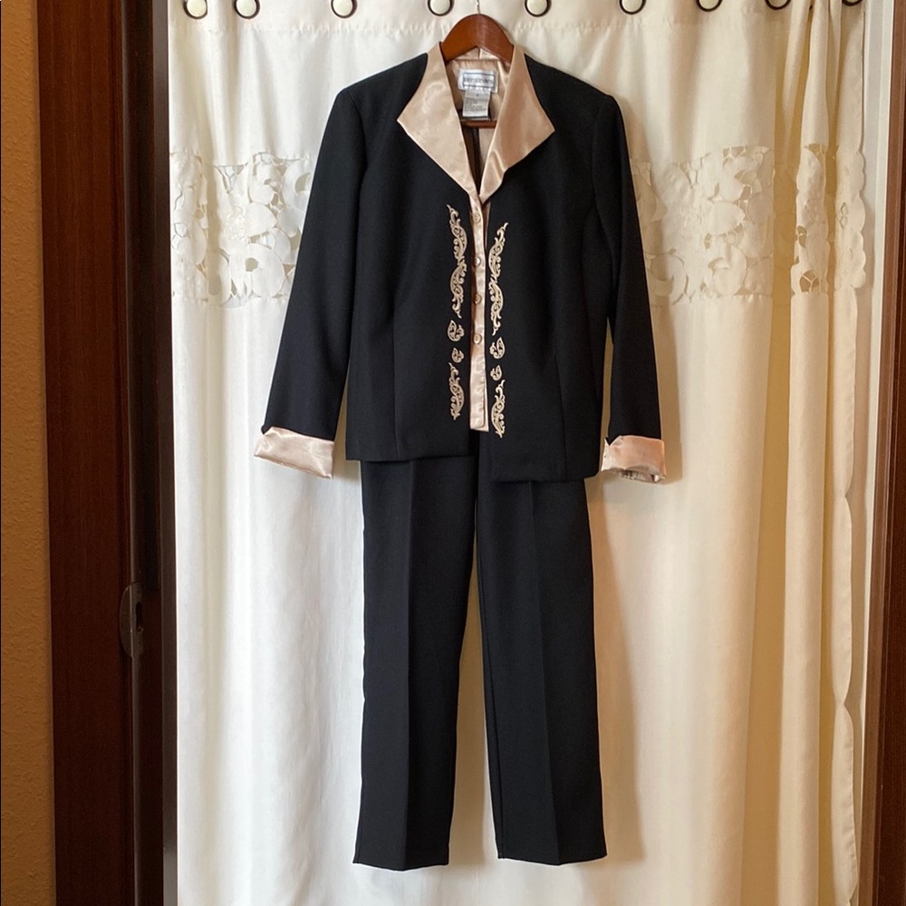 Karin Stevens Black and Cream Embroidered Suit